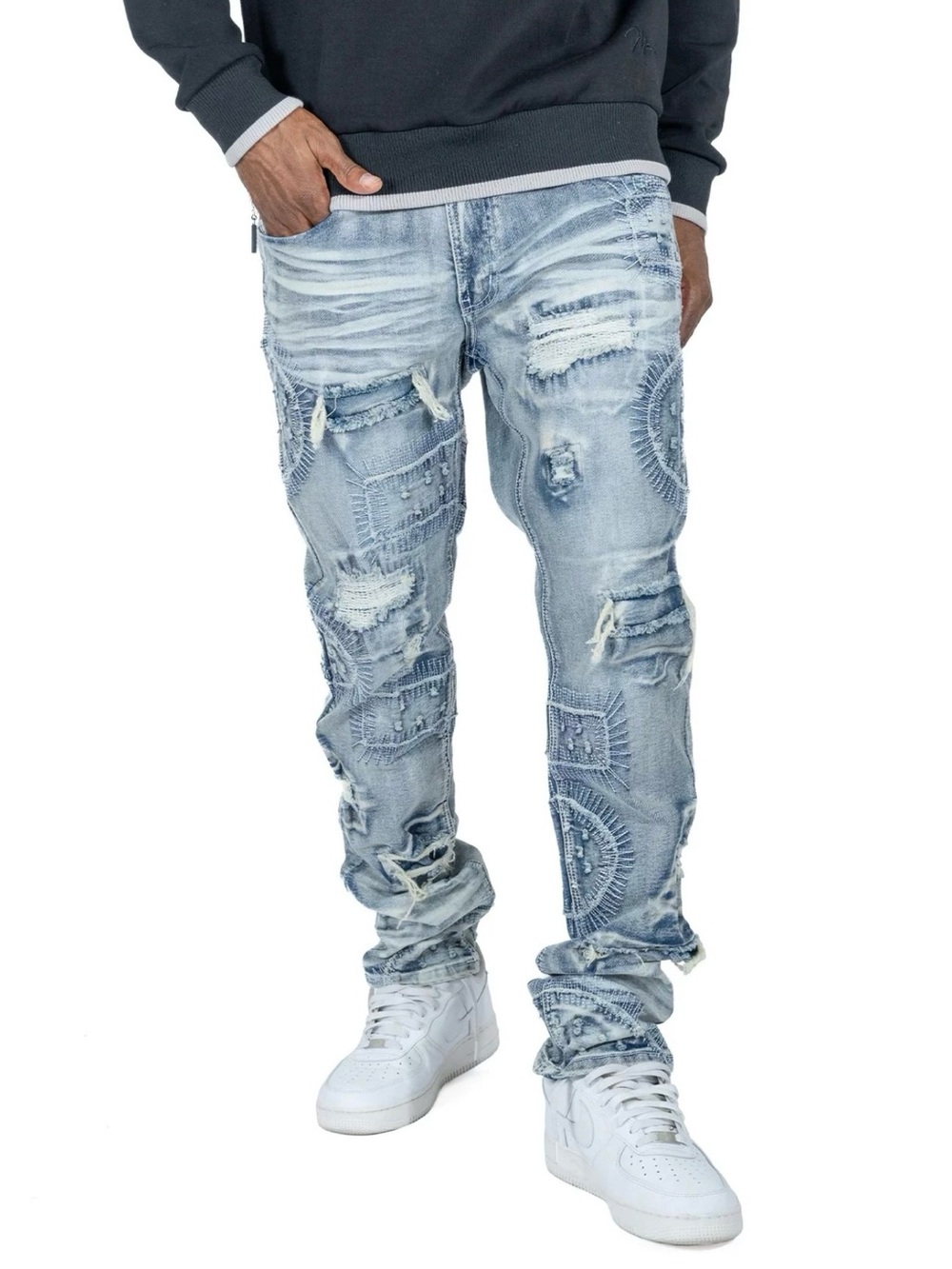 MAKOBI  Distressed  Patchwork Jeans straight  Mancini M1945